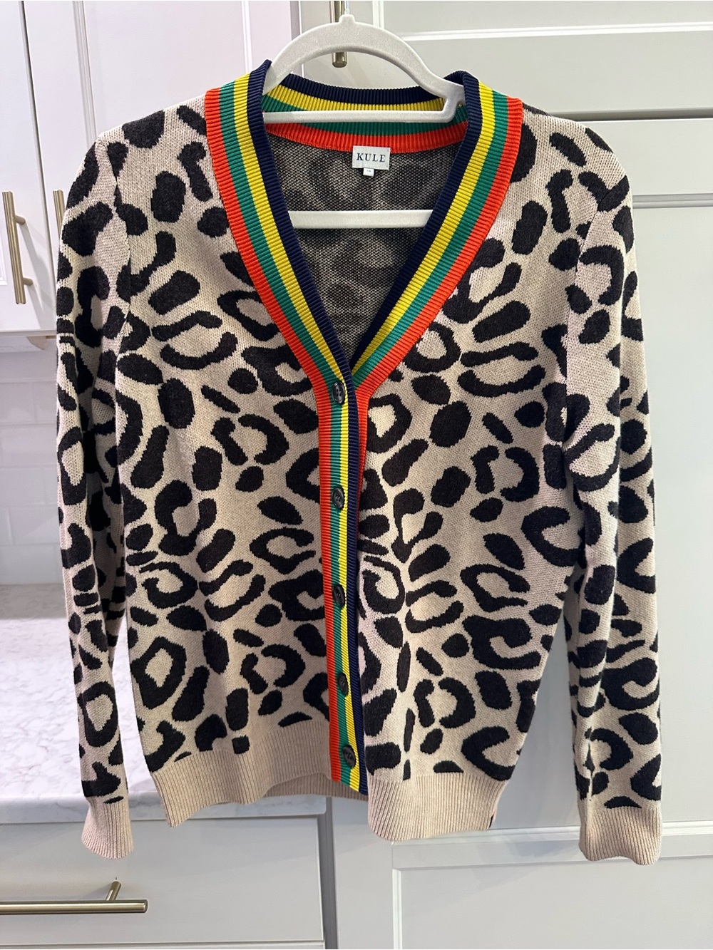KULE Leopard-Print Cardigan with Rainbow Rib Trim - Beige/Black